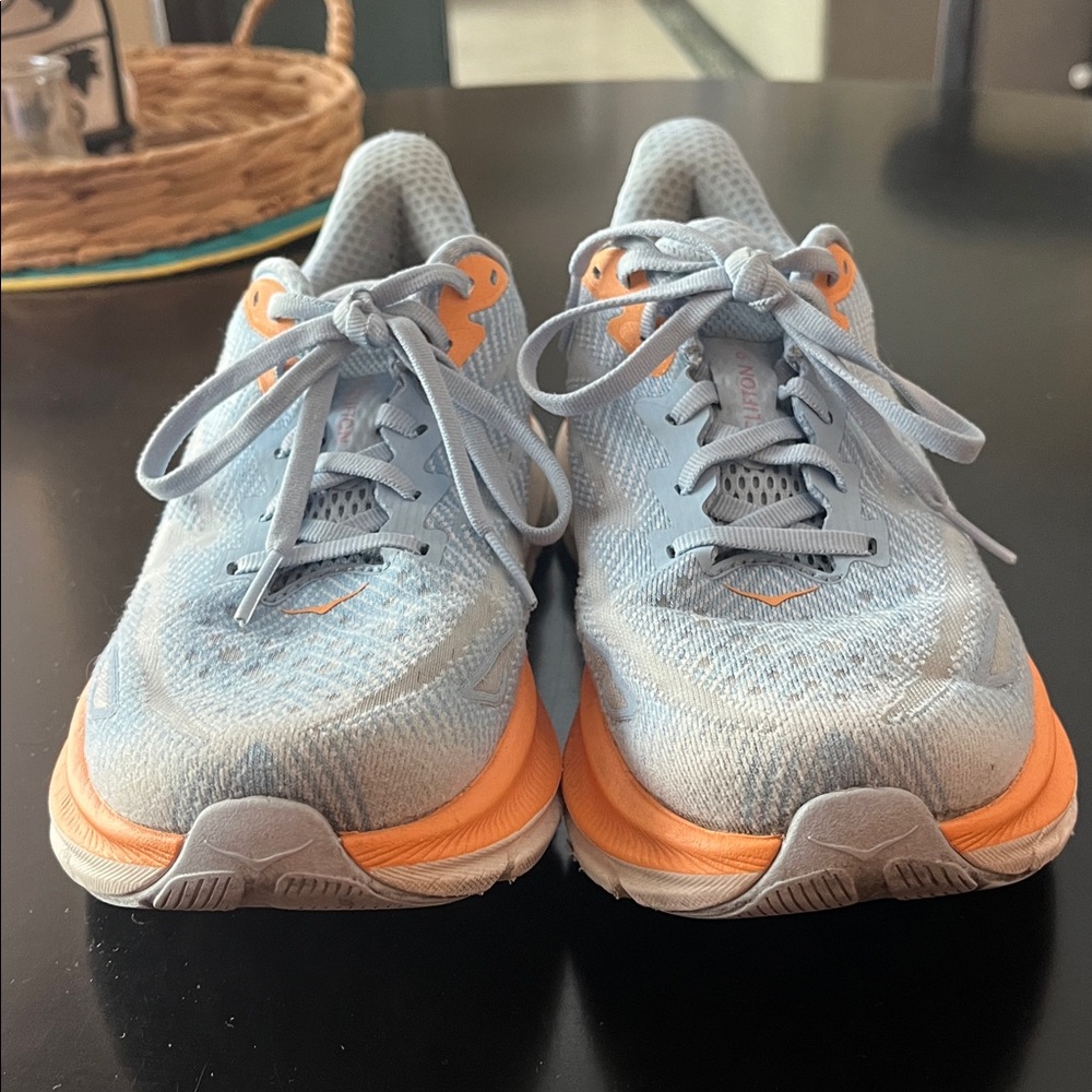Hoka Women’s Clifton 9 Running Shoes - Light Blue, Orange & Pink Accents - Picture 10 of 12